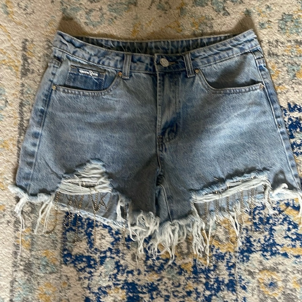 Insane gene denim shorts with rhinestone fringe size medium